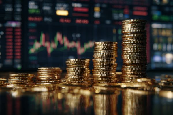 stacks of gold coins in increasing height in front of stock market screens
