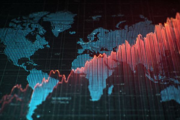 increasing red bar chart superimposed over a digital blue world map