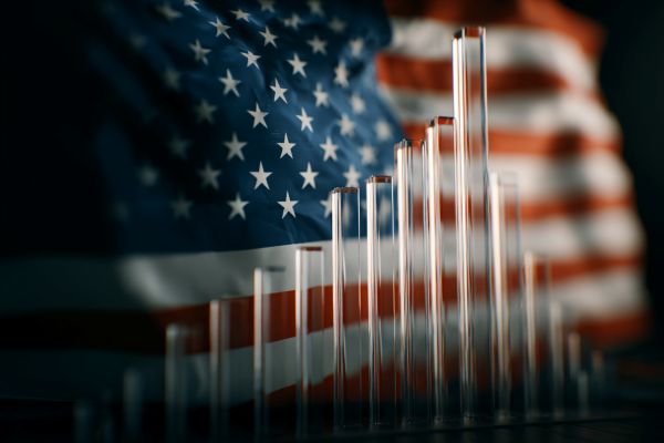 increasing semi-transparent bar chart superimposed over the US flag