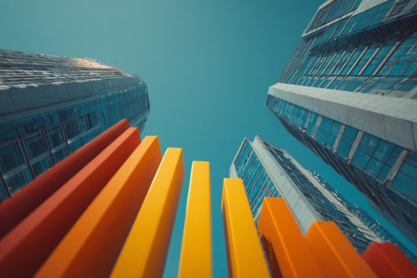 looking up at an orange bar chart decreasing in the middle of skyscraper office buildings