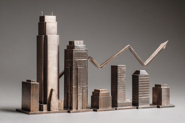 metal figurines of commercial buildings lined up in decreasing size under a metal line graph arrow going up and down
