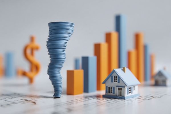 miniature model blue and orange bar chart with a tiny house and a 3D printed tornado cloud in front of an orange dollar sign