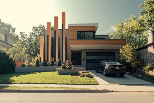 modern house with an increasing bar chart in front of it
