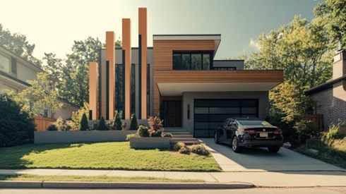 modern house with an increasing bar chart in front of it