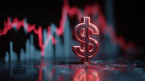 A money sign in front of a line graph