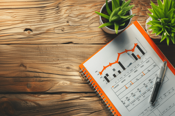 Graph in a notebook laying on a wooden table