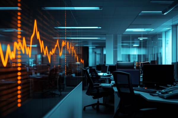 orange decreasing line graph on a glass wall in an office