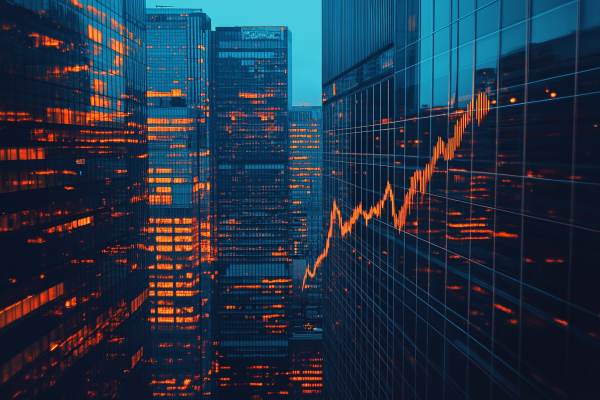 orange rising line graph superimposed over blue skyscrapers