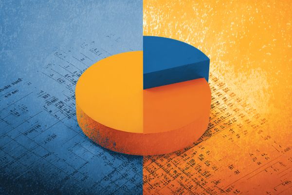 illustrated orange pie chart iwth a raised blue section on top of a half orange half blue data background