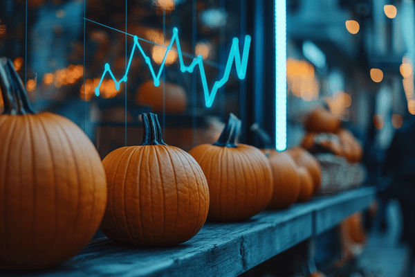 A line of pumpkins on a wooden shelf with a dipping line graph behind them