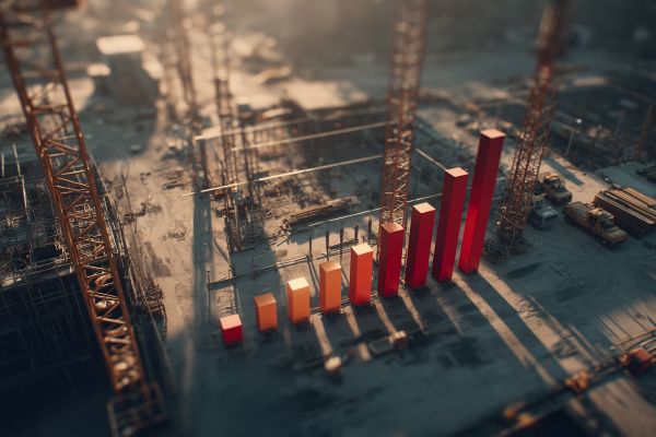 red 3D bar chart increasing in a sunny construction site