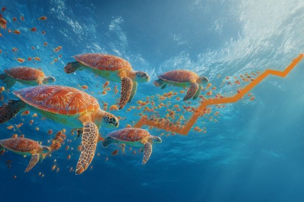 underwater view of orange sea turtles swimming up and along an orange bar chart arrow in a bright blue ocean