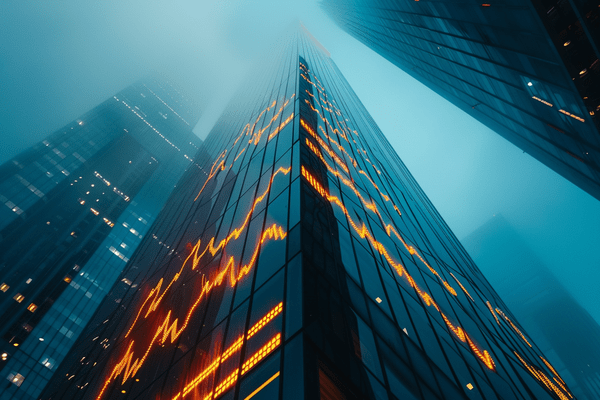 Multiple orange line graphs on the side of a tall skyscraper