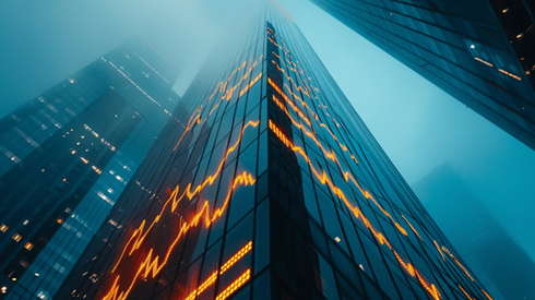 Multiple orange line graphs on the side of a tall skyscraper