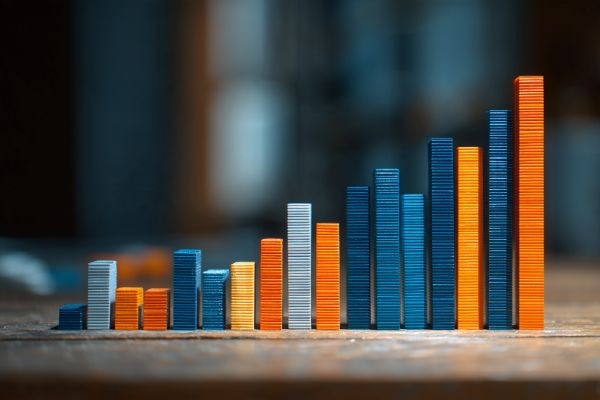 increasing bar chart with stacks of orange and blue squares going up