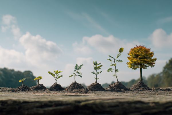 seed growing to a seedling in multiple stages, shown on top of a log