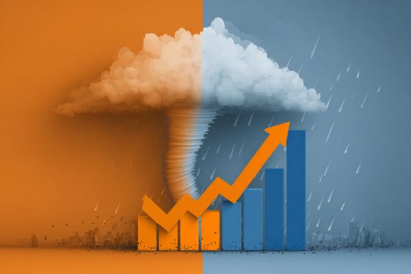 tornado cloud spinning over an increasing orange line graph arrow and a mixed blue and orange bar chart over miniature city buildings on an orange and blue background