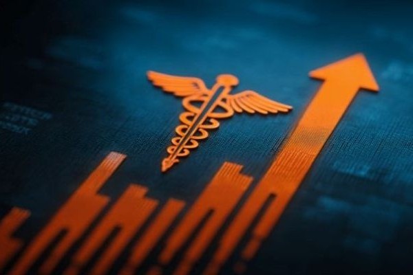 flat orange bar chart going up, with an arrow and an orange caduceus on a blue background