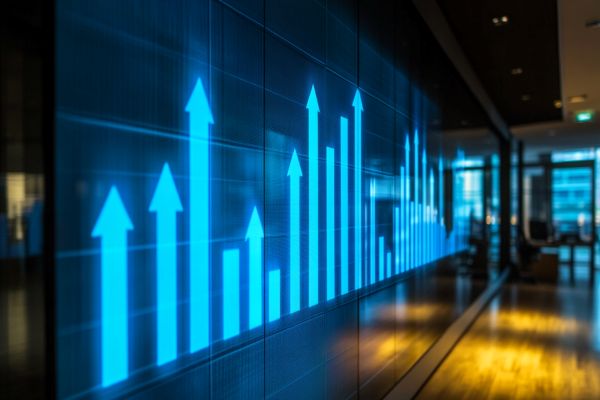bar chart with arrows for bars projected on an office wall