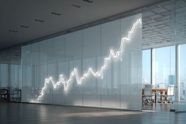 white line graph rising up on a glass wall in a professional office