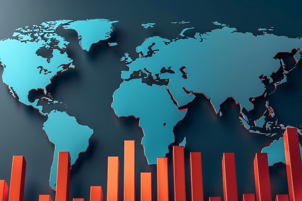 Upward trending bar chart in front of a blue cutout of a world map 