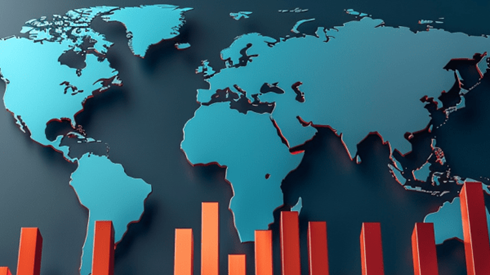 Upward trending bar chart in front of a blue cutout of a world map