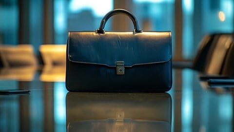 A black leather briefcase resting on a conference table.