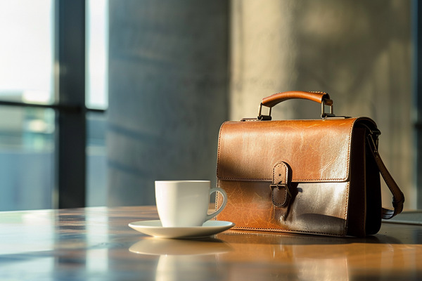 A leather briefcase resting on a table next to a white coffee mug.