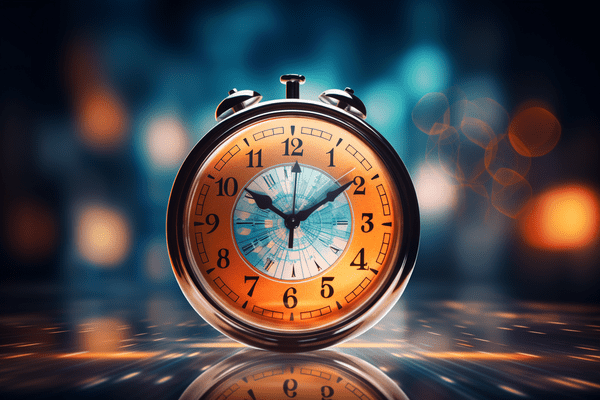 Alarm clock sitting on a reflective surface.
