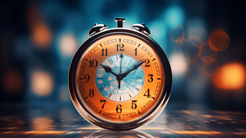 Alarm clock sitting on a reflective surface.