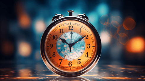 Alarm clock sitting on a reflective surface.