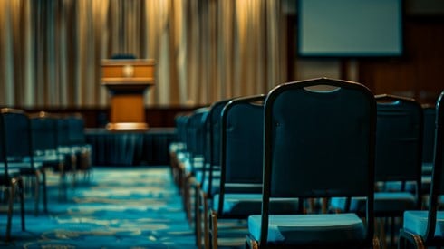 An empty conference session room with neatly arranged chairs facing a podium on a stage.