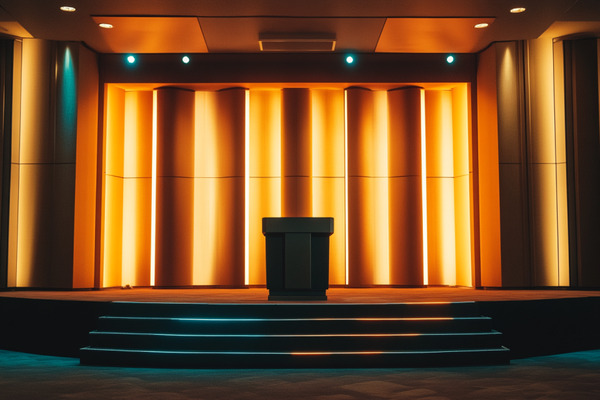 An empty conference stage lit with golden light, and a few stairs leading up to a podium in the center of the stage.