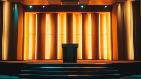 An empty conference stage lit with golden light, and a few stairs leading up to a podium in the center of the stage.
