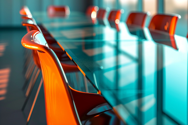 A close up of chairs at a glass conference table
