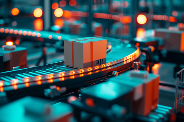 A conveyor belt with a box moving along it