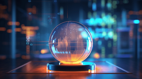 Illustration of a Crystal Ball Containing a Bar Graph with Muted Tech Lights in Background