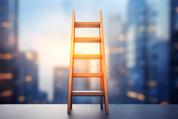 A ladder leading up against a background of skyscrapers
