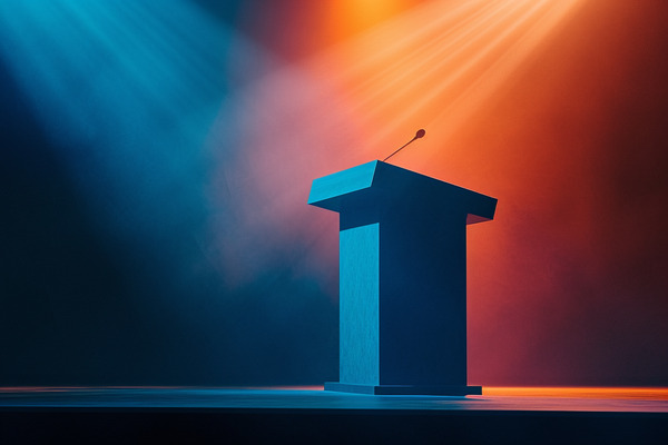 Orange and blue lights shining on a podium with a microphone