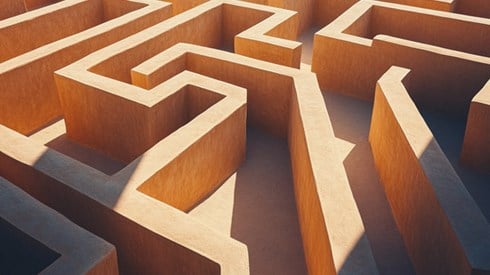 A complex maze with tall walls, viewed from above.
