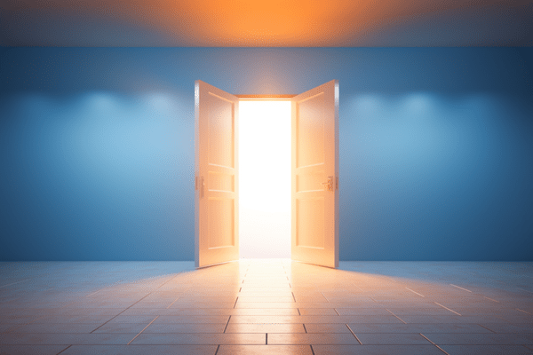 Set of Double Doors Swung Open with Bright Light Shining through Reflected on Tile Floor and Ceiling in Foregournd