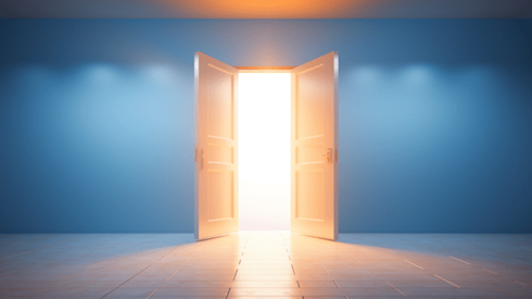 Set of Double Doors Swung Open with Bright Light Shining through Reflected on Tile Floor and Ceiling in Foregournd