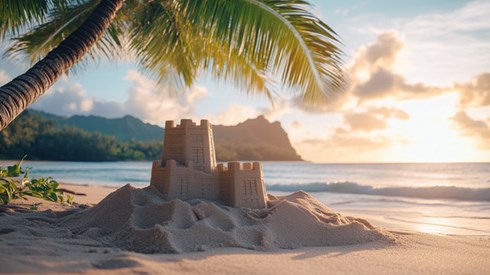 A sandcastle in the shape of an office building on a tropical beach at sunset.