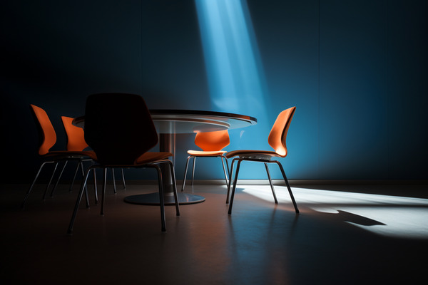 Spotlight shining on an empty chair at a table
