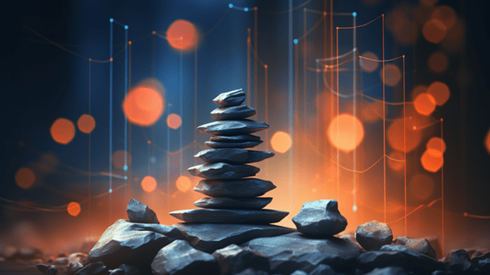 Stack of Rocks in a Pyramid Shape against a Muted Line and Dot Graph
