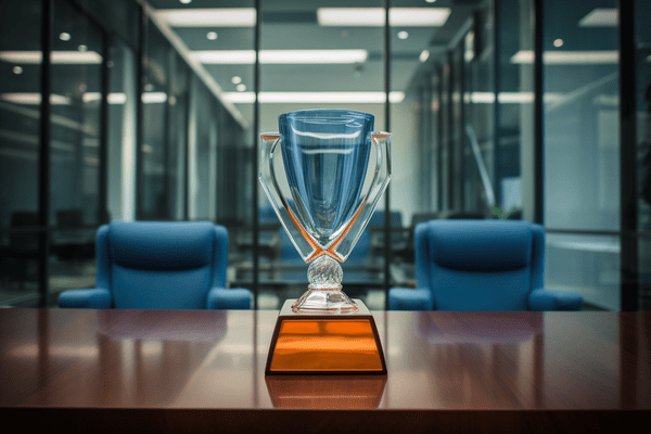 A trophy sitting on a table in an empty board room