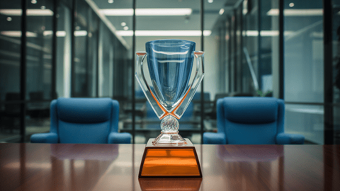 A trophy sitting on a table in an empty board room