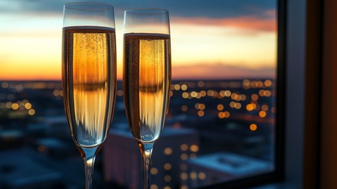 Two champagne glasses with a backdrop of a city skyline at dusk.