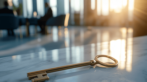 A brass key sits on a marble table while the sun shines into the office