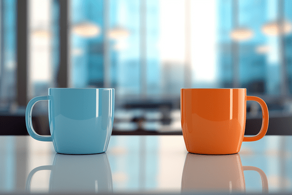 Two coffee cups sitting on a reflective tabletop